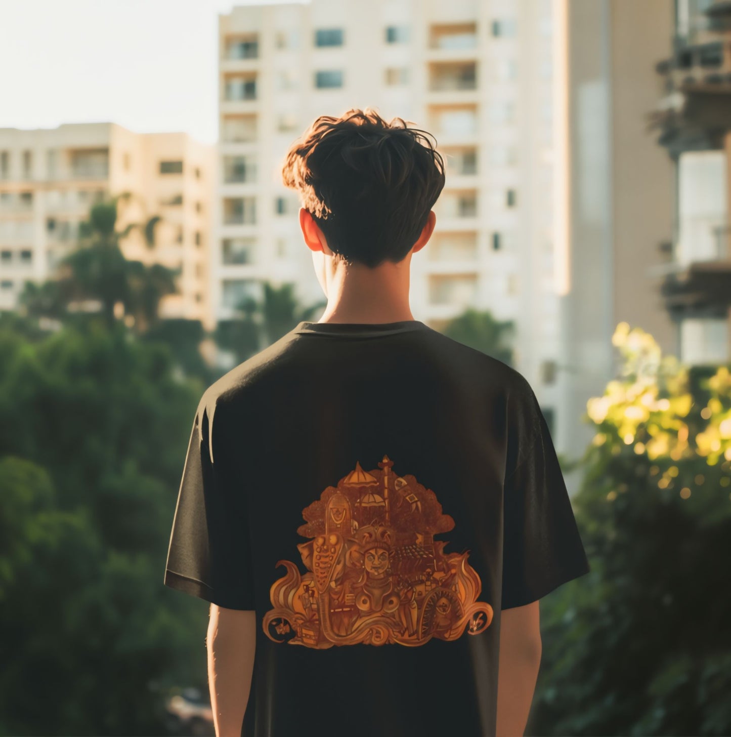 Oversized Kerala Heritage Mural Backprint T-Shirt - Kathakali & Theyyam Fusion Art