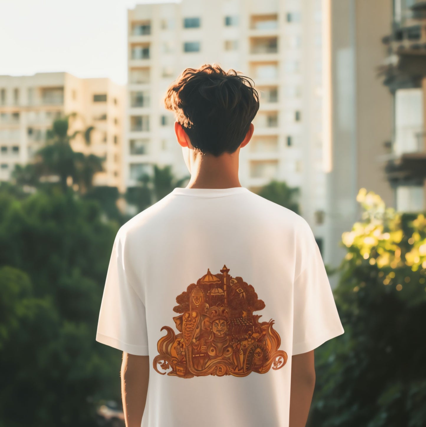 Oversized Kerala Heritage Mural Backprint T-Shirt - Kathakali & Theyyam Fusion Art