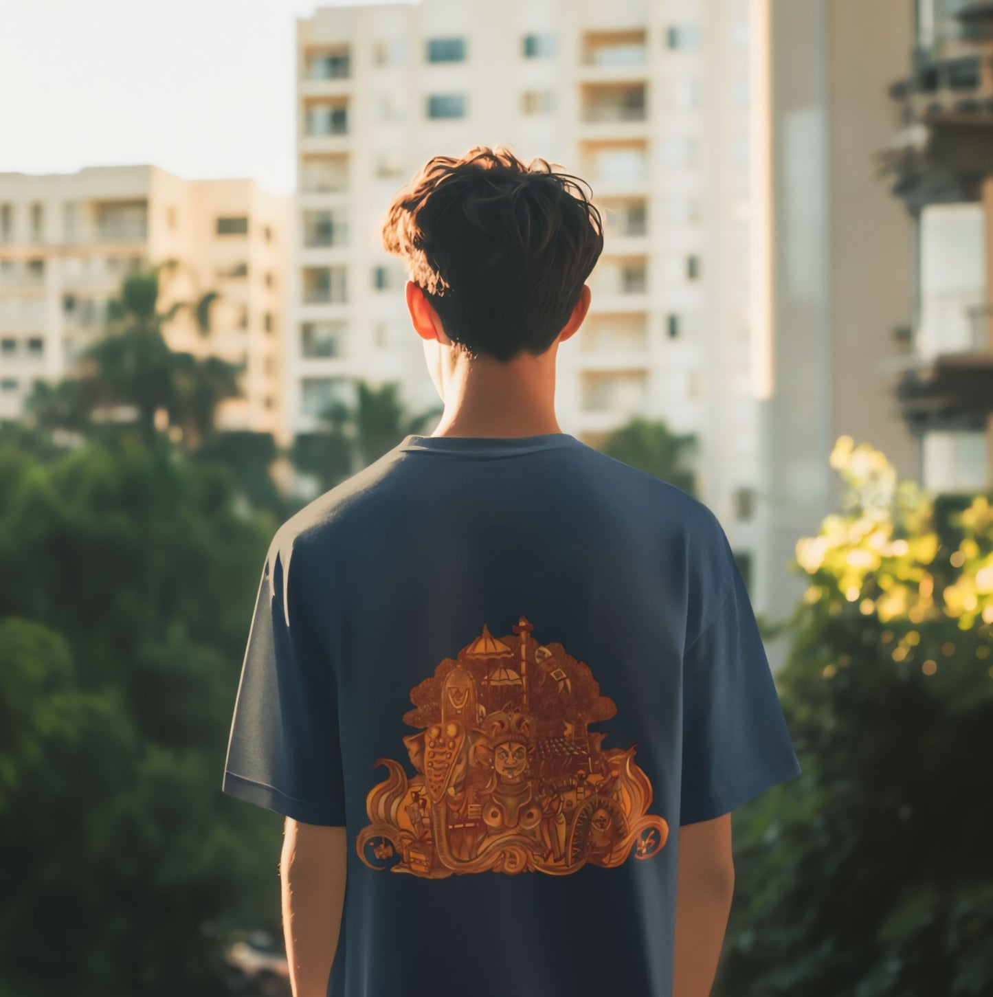 Oversized Kerala Heritage Mural Backprint T-Shirt - Kathakali & Theyyam Fusion Art