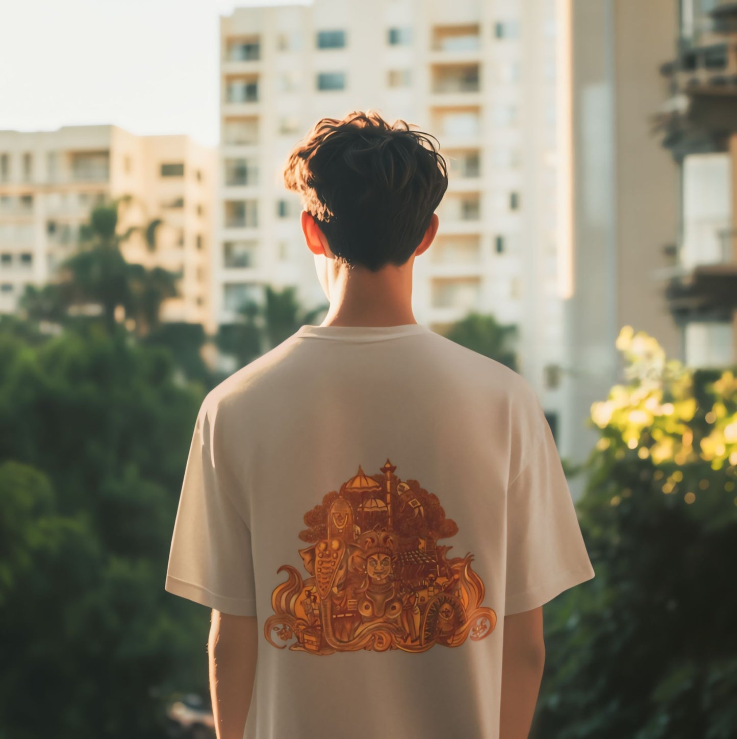 Oversized Kerala Heritage Mural Backprint T-Shirt - Kathakali & Theyyam Fusion Art