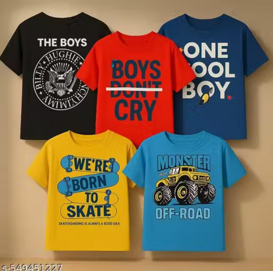 Boys’ Cotton T-Shirts Pack of 5 | Vibrant & Colorful Kids Casual Wear | Half Sleeve Self-Design Tees