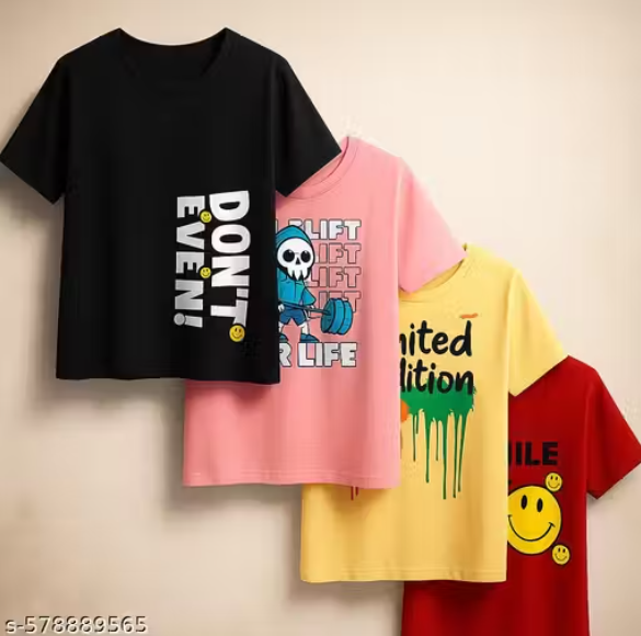 TRENDY BOYS' T-SHIRTS WITH BOLD FUN GRAPHIC DESIGNS PACK OF 4.