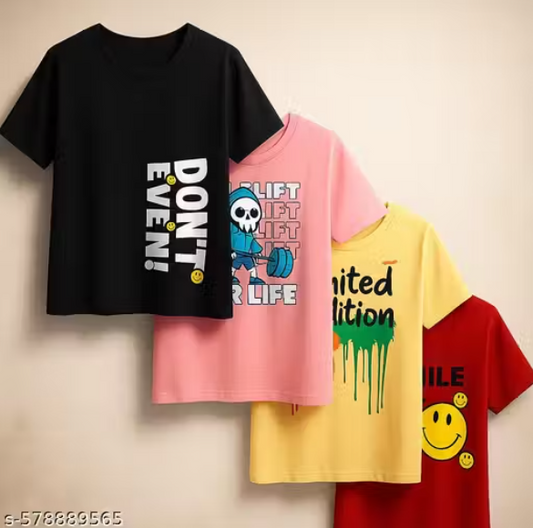 TRENDY BOYS' T-SHIRTS WITH BOLD FUN GRAPHIC DESIGNS PACK OF 4.
