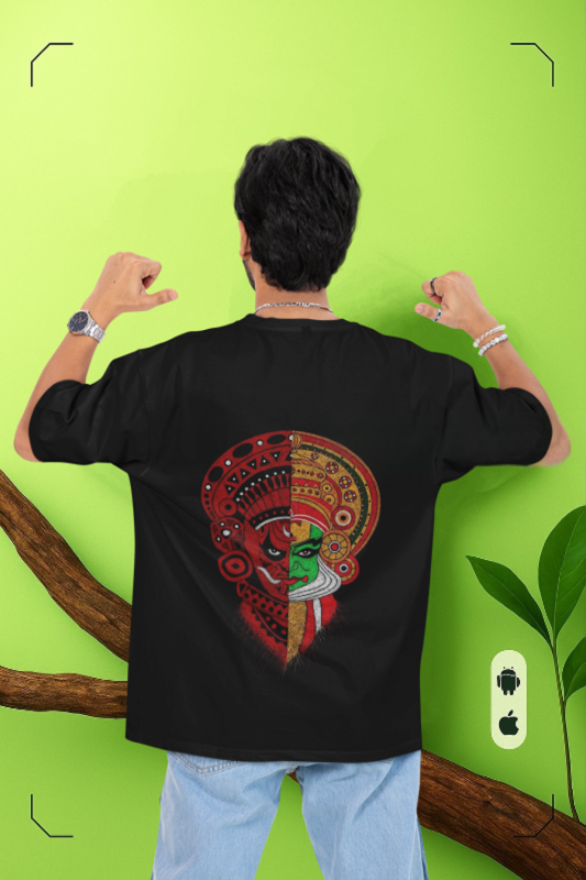 "Kerala Theyyam & Kathakali Art Print Black Oversized T-Shirt - Unisex Ethnic Streetwear"