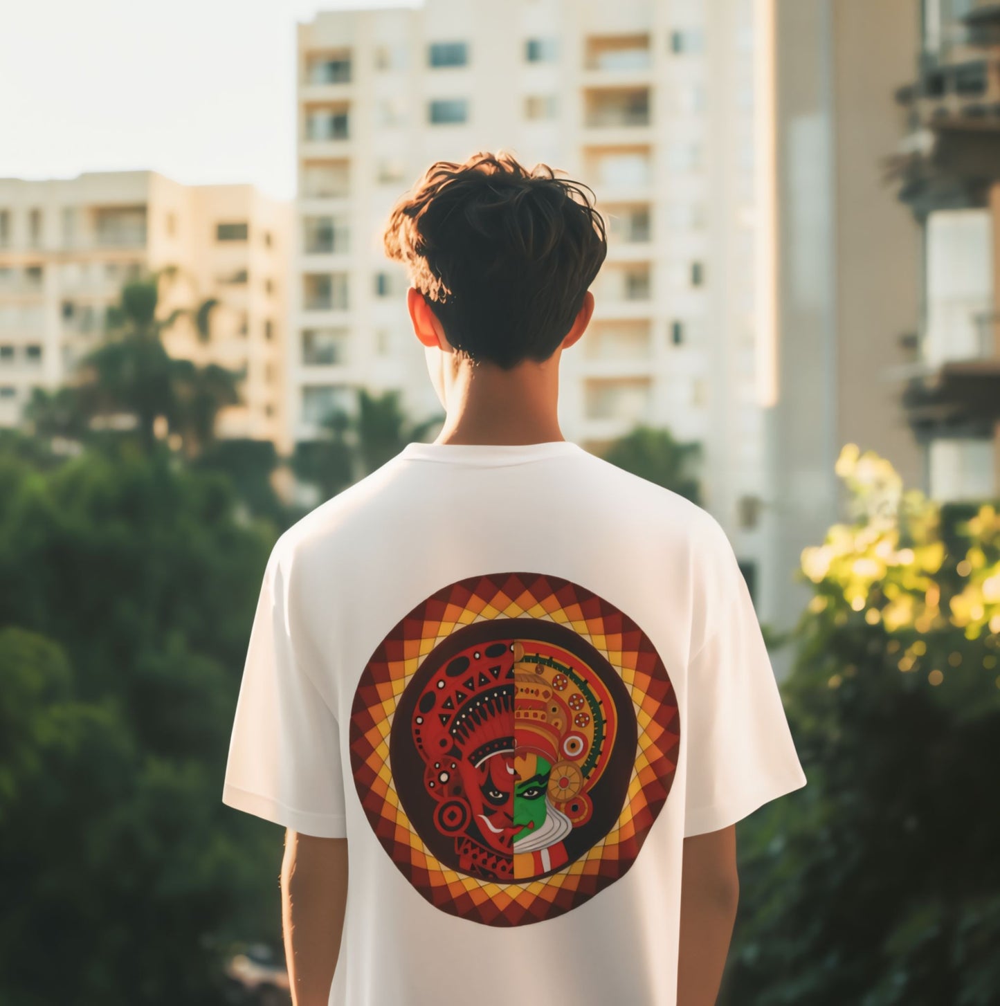 Oversized Kathakali & Theyyam Circle Print T-Shirt - Kerala Art Heritage Streetwear