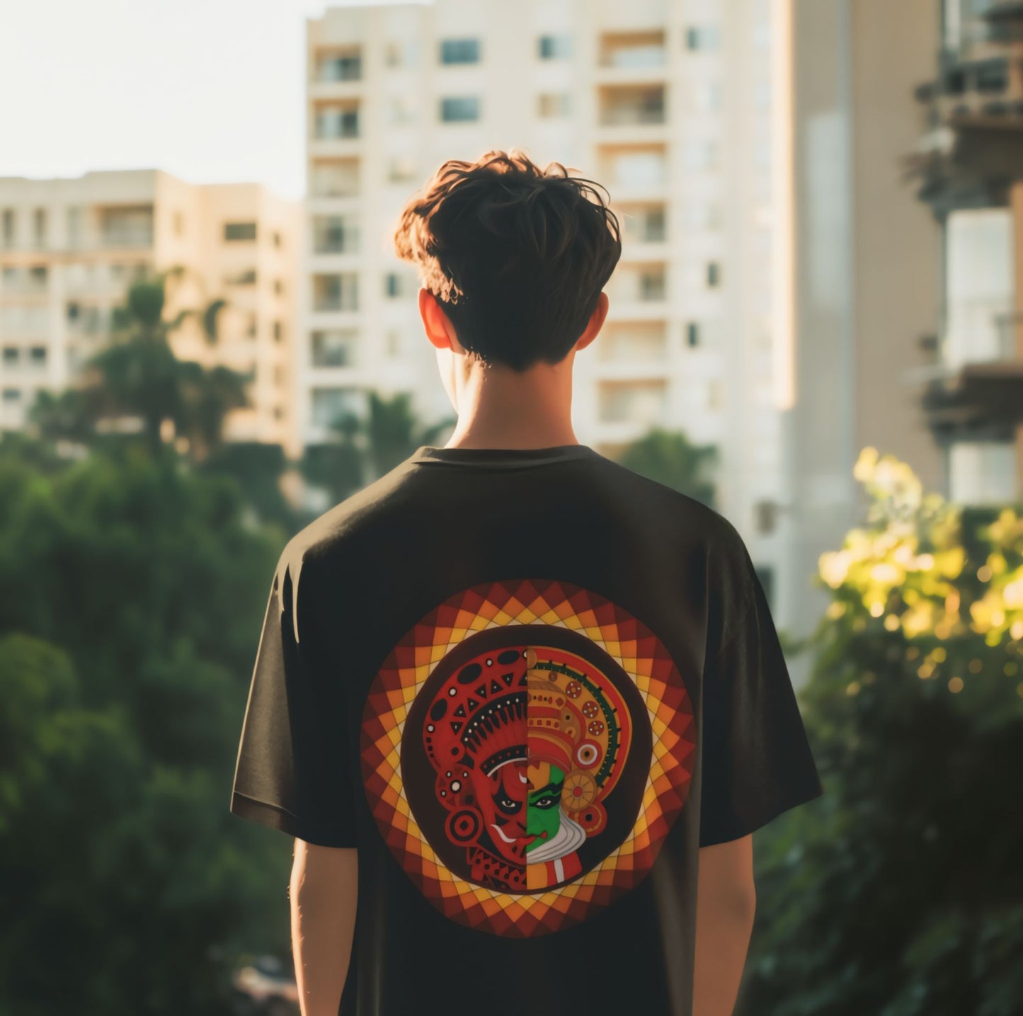 Oversized Kathakali & Theyyam Circle Print T-Shirt - Kerala Art Heritage Streetwear