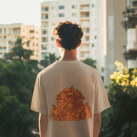 Oversized Kerala Heritage Mural Backprint T-Shirt - Kathakali & Theyyam Fusion Art