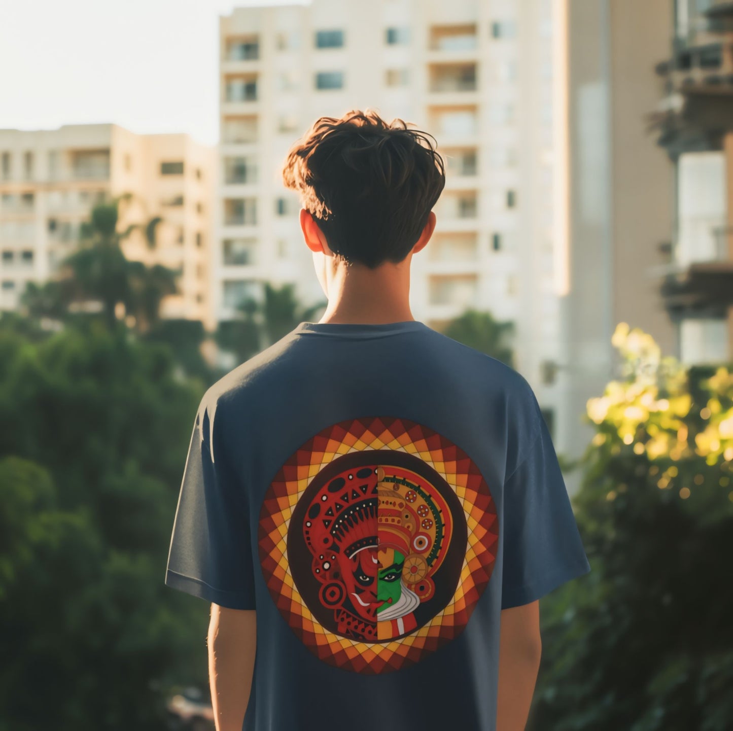 Oversized Kathakali & Theyyam Circle Print T-Shirt - Kerala Art Heritage Streetwear