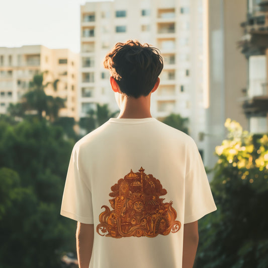 Oversized Kerala Heritage Mural Backprint T-Shirt - Kathakali & Theyyam Fusion Art