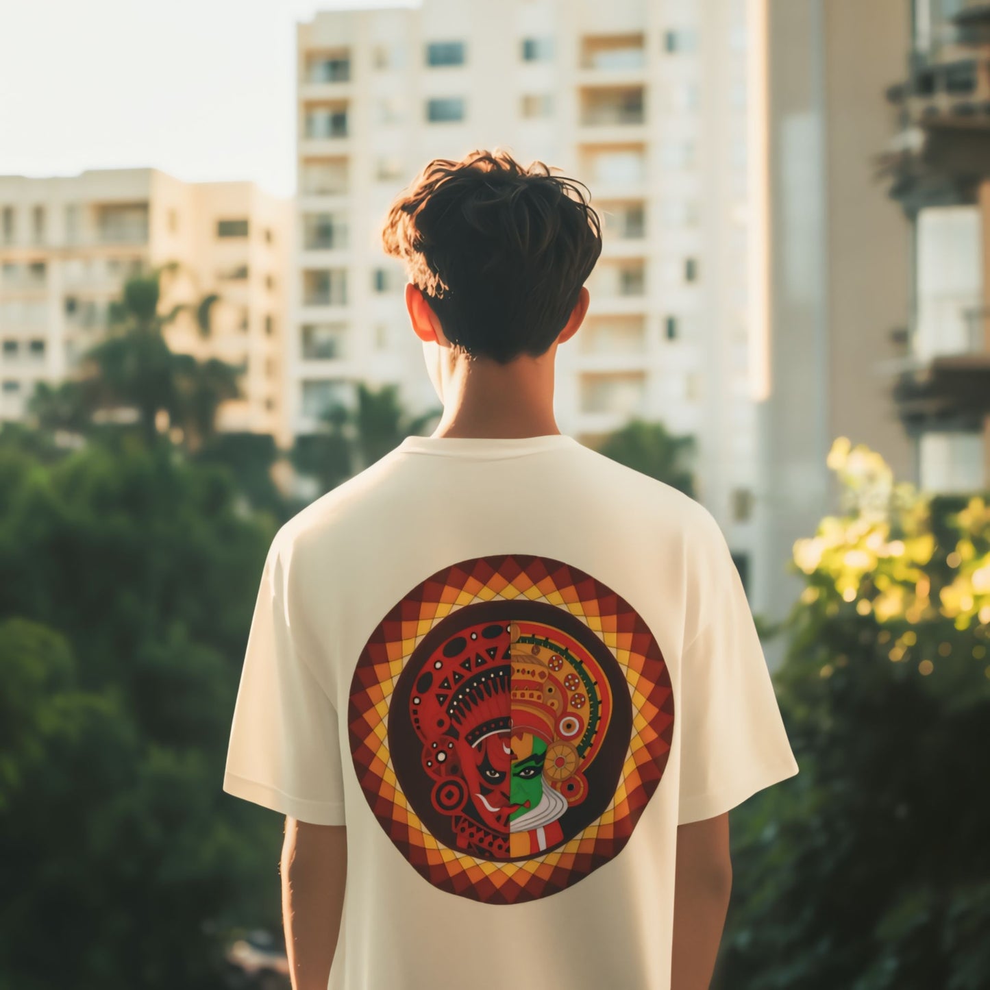 Oversized Kathakali & Theyyam Circle Print T-Shirt - Kerala Art Heritage Streetwear