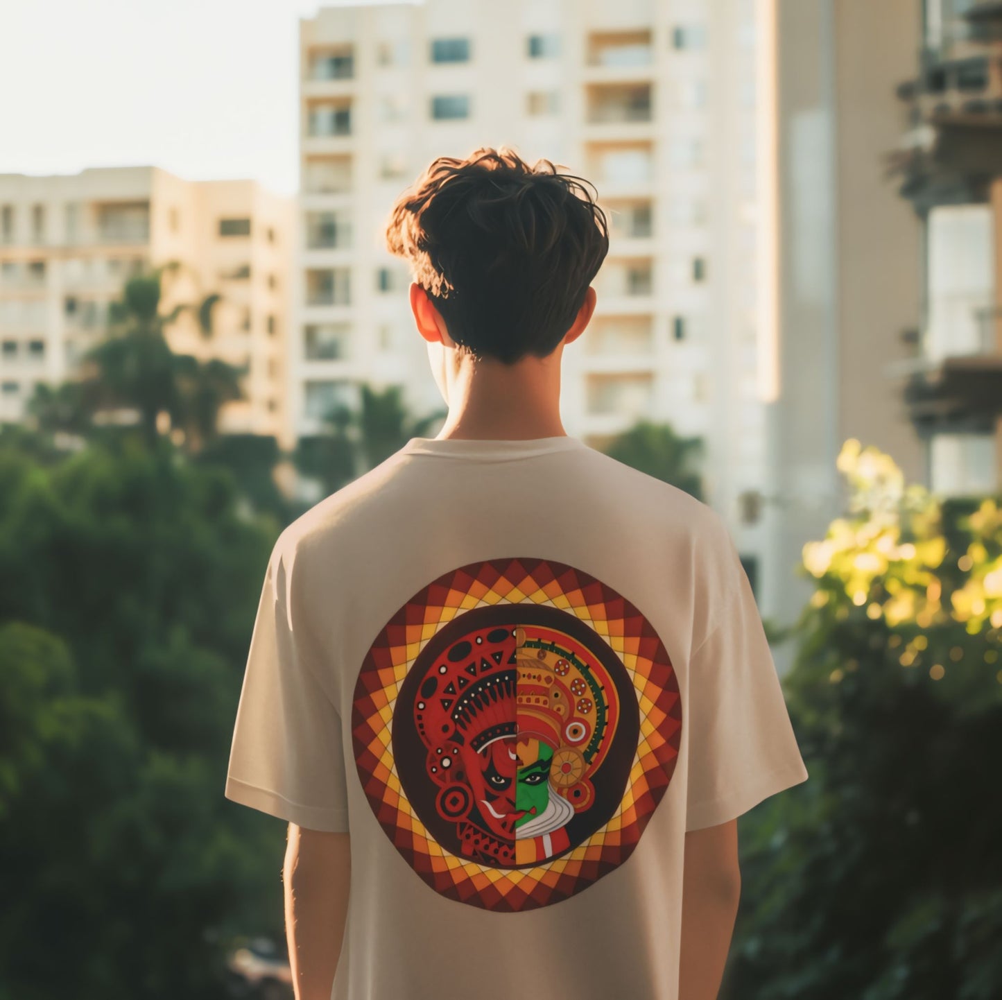 Oversized Kathakali & Theyyam Circle Print T-Shirt - Kerala Art Heritage Streetwear