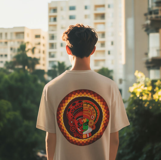 Oversized Kathakali & Theyyam Circle Print T-Shirt - Kerala Art Heritage Streetwear